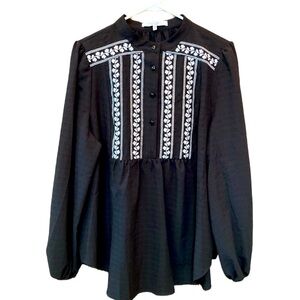NWT BLACK EMBROIDERED SWEET RAIN HIGH NECK MID BUTTON BLOUSE - 2X